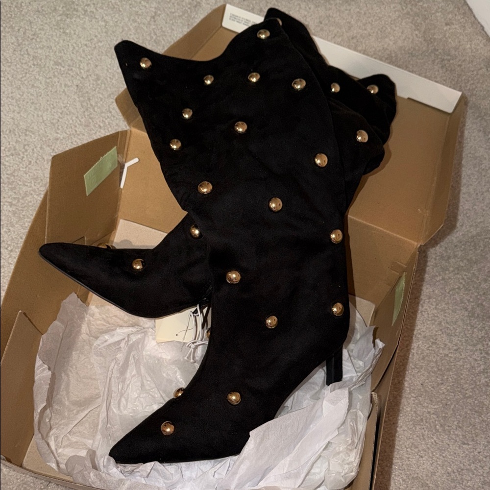 a new day Black and Gold Studded Heeled Boots